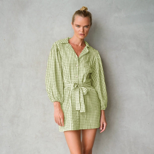 MEGHAN Mini Gingham Dress, in Olive Green - The Peony Haus