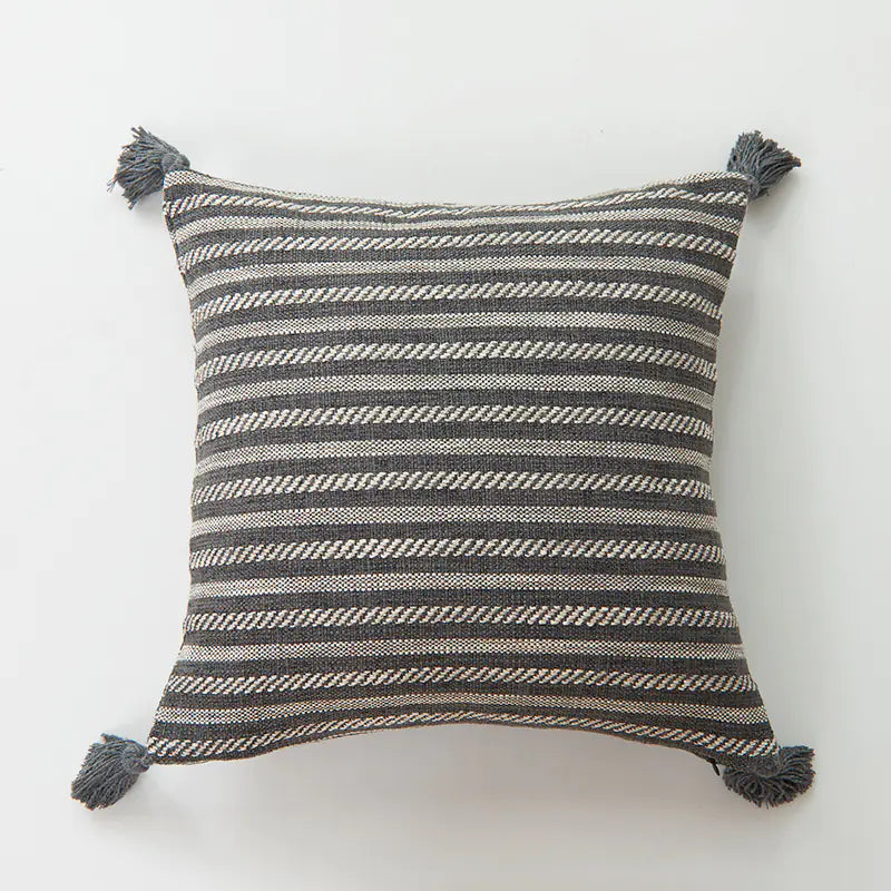 Thick Cotton Linen Striped Fringe Pillow Covers (In Stock)