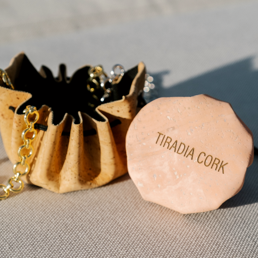 Cork product with 'Tiradia Cork' branding on a textured surface