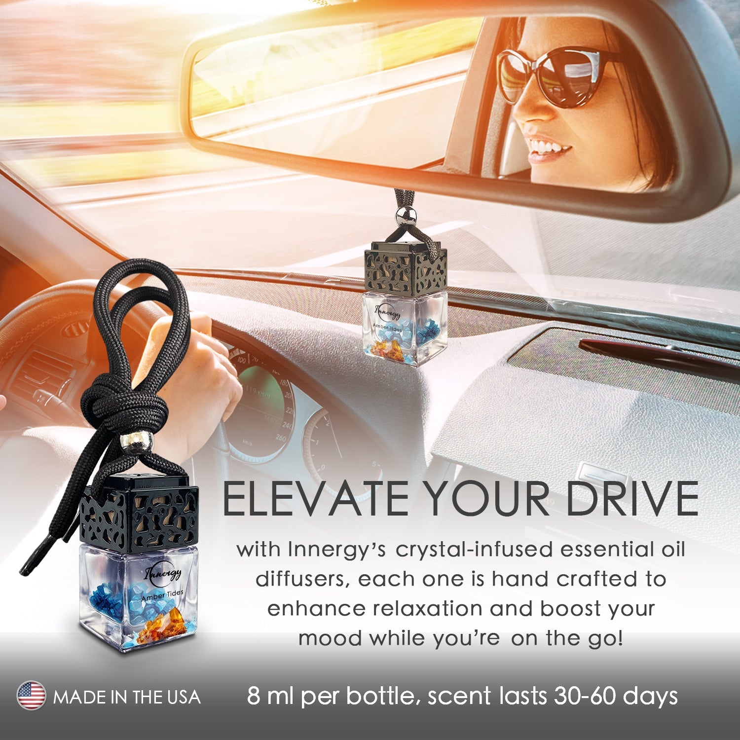Amber Tides Crystal-Enhanced Oil Diffuser, Car Air Freshener, 8ml