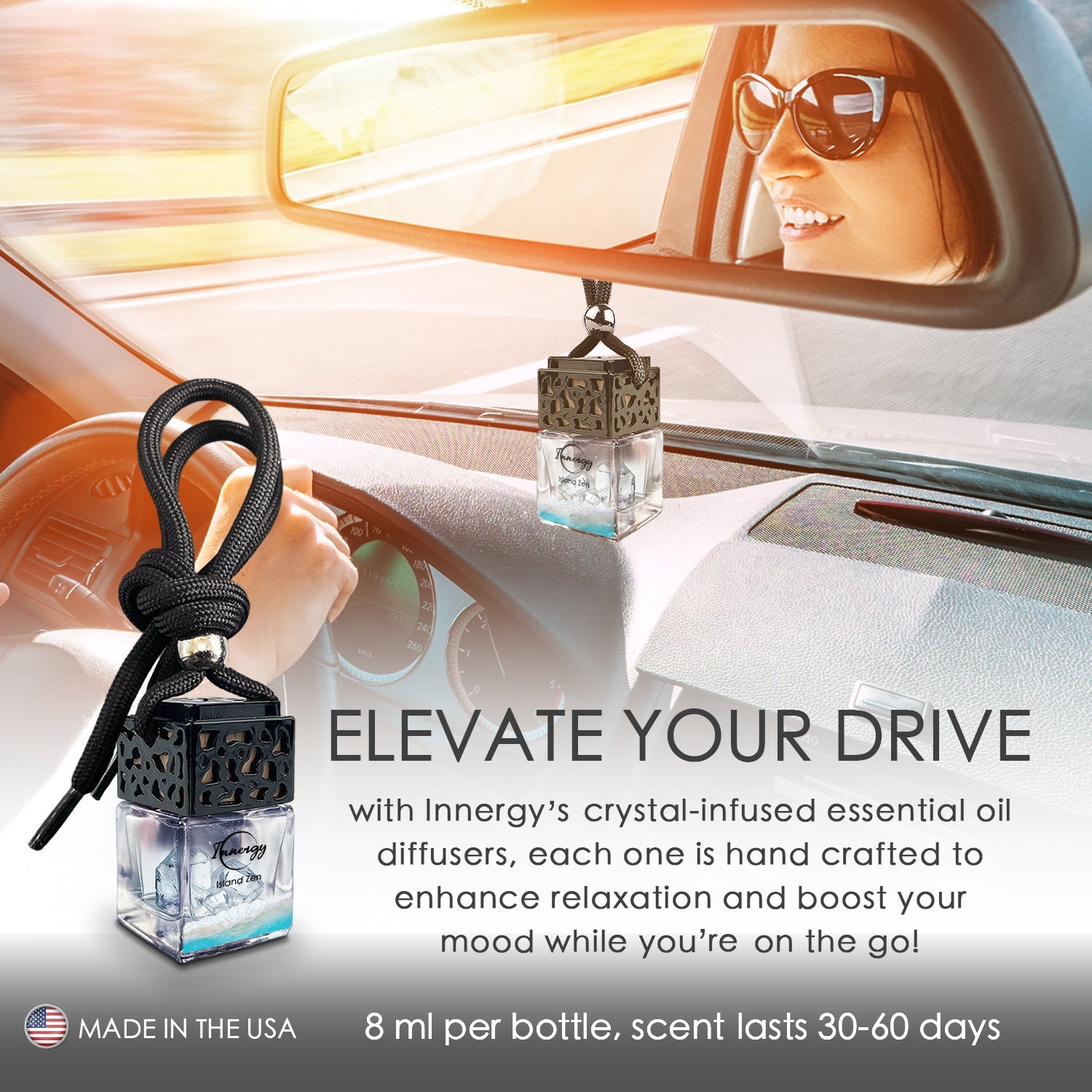 Island Zen Crystal-Enhanced Oil Diffuser, Car Air Freshener, 8ml