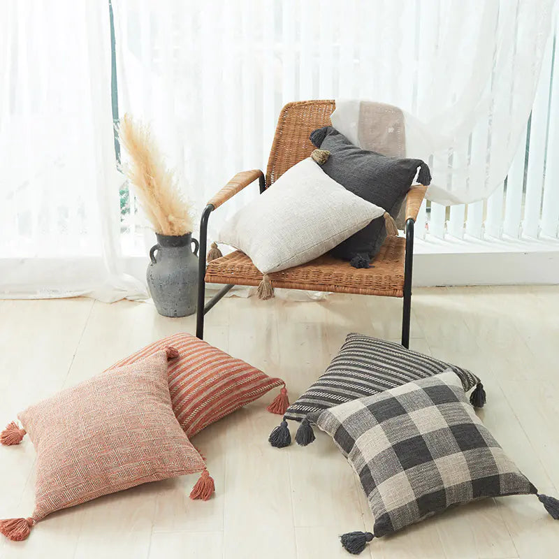 Thick Cotton Linen Striped Fringe Pillow Covers (In Stock)