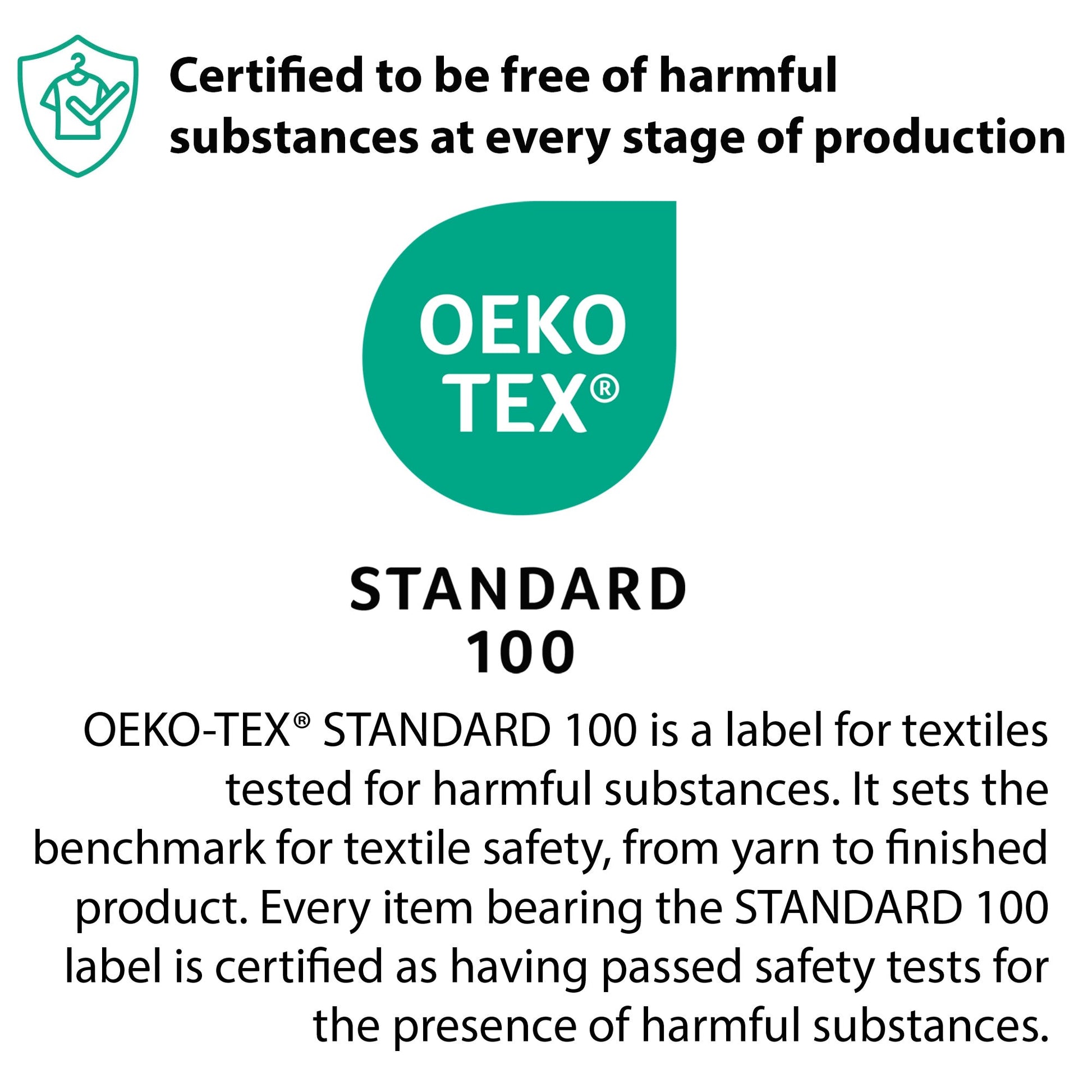 OEKO-TEX Standard 100 certification logo and text on a white background