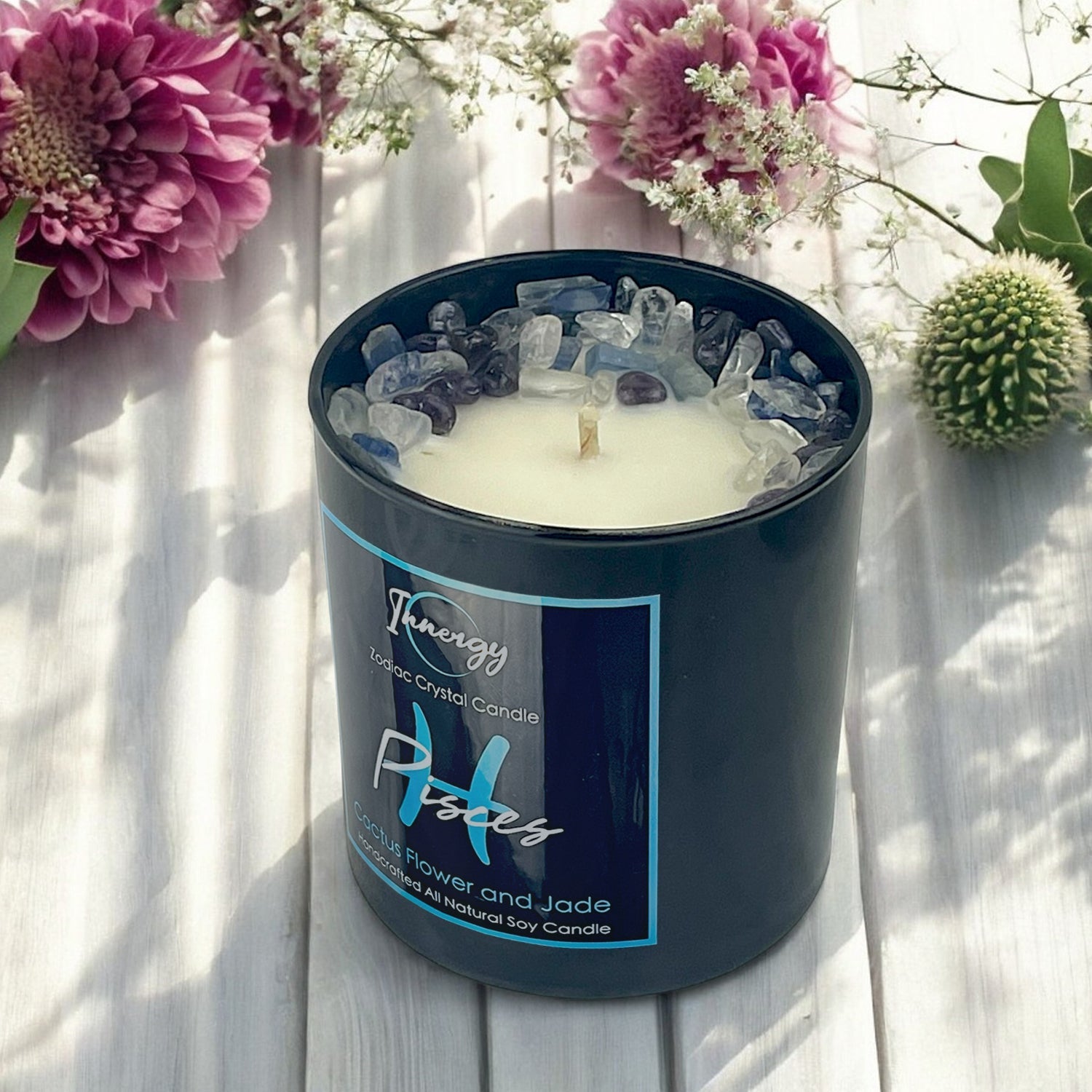 Pisces Zodiac Crystal Candle with Kyanite, Amethyst, and Crystal Quartz | Coconut-Soy Wax Candle, 9oz