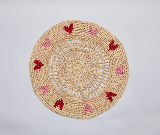 Handwoven Heart Raffia Placemat – Artisan Table Décor with Red & Pink Hearts
