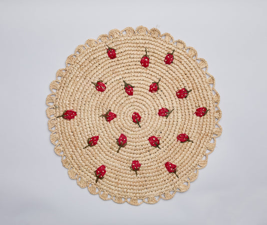 Scattered Strawberry Hand-Crocheted Raffia Palm Round Placemat