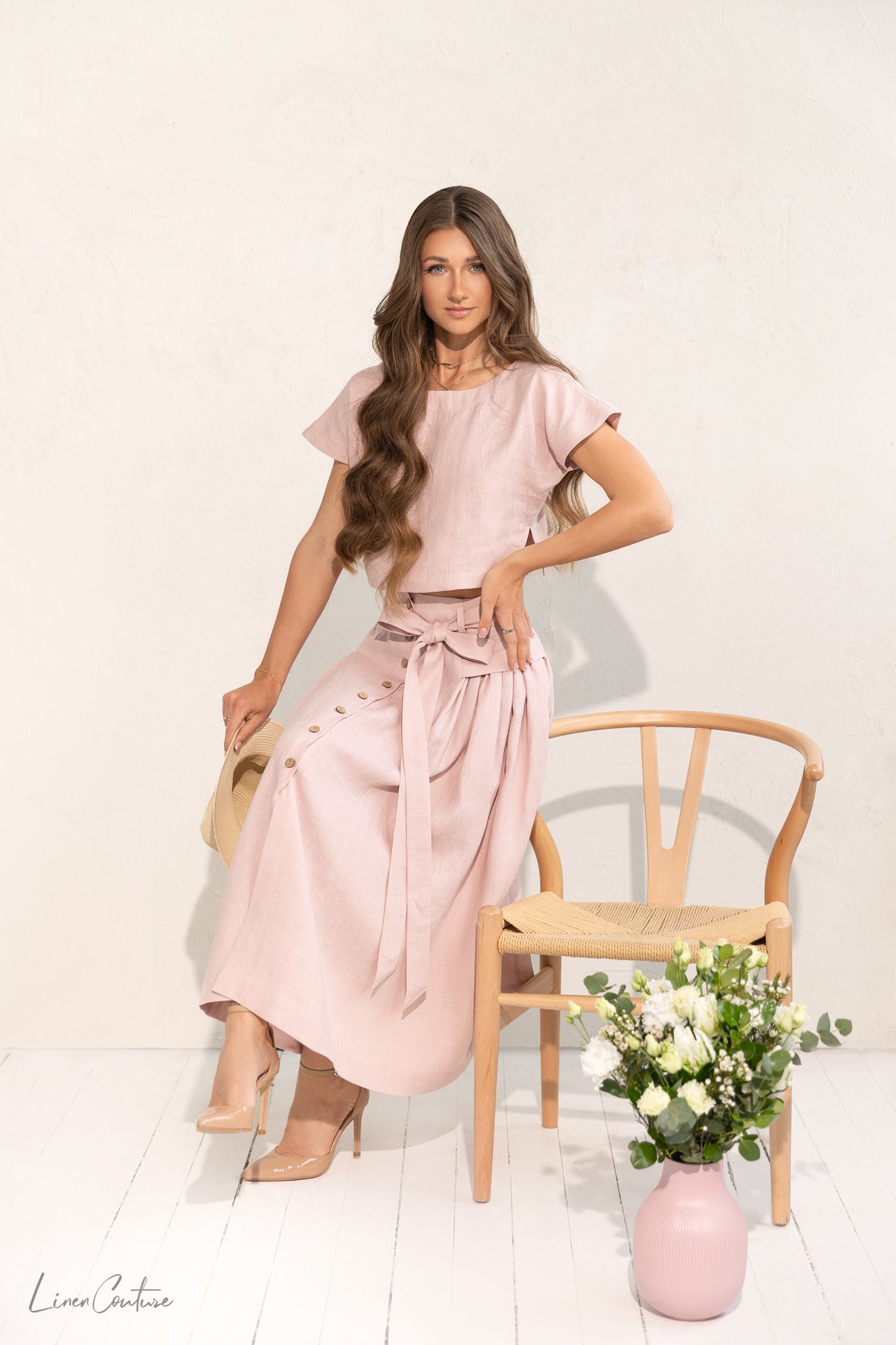 Taormina Pale Pink Linen Crop Top and Midi Skirt Co Ord Set - The Peony Haus
