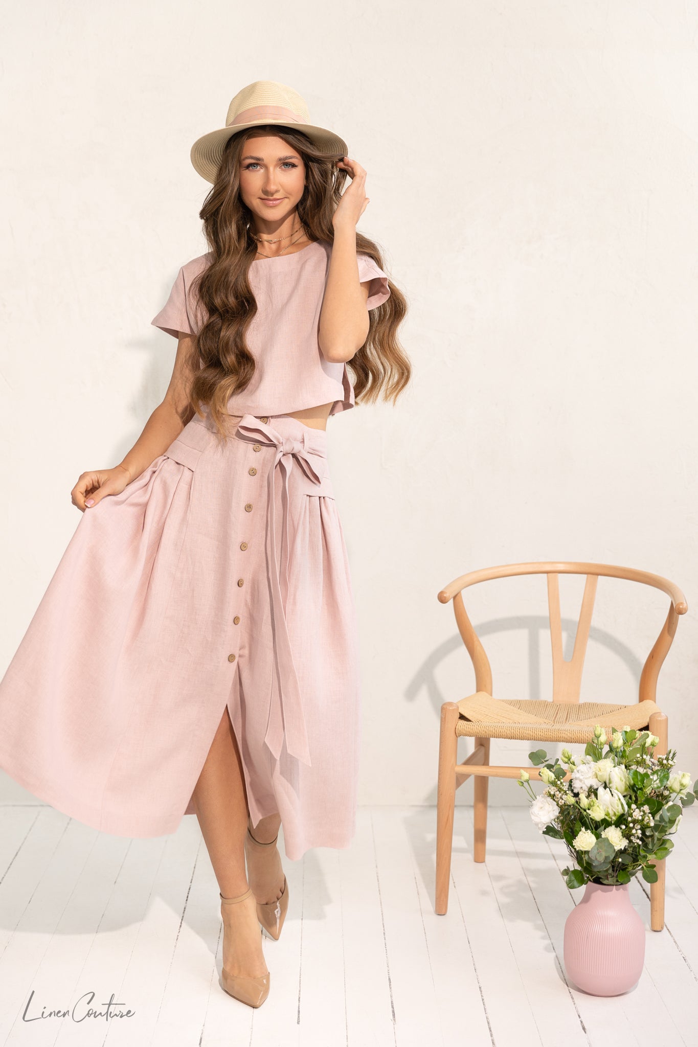 Taormina Pale Pink Linen Crop Top and Midi Skirt Co Ord Set - The Peony Haus
