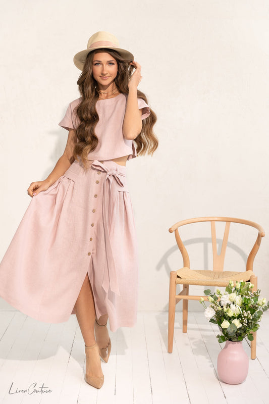 Taormina Pale Pink Linen Crop Top and Midi Skirt Co Ord Set - The Peony Haus