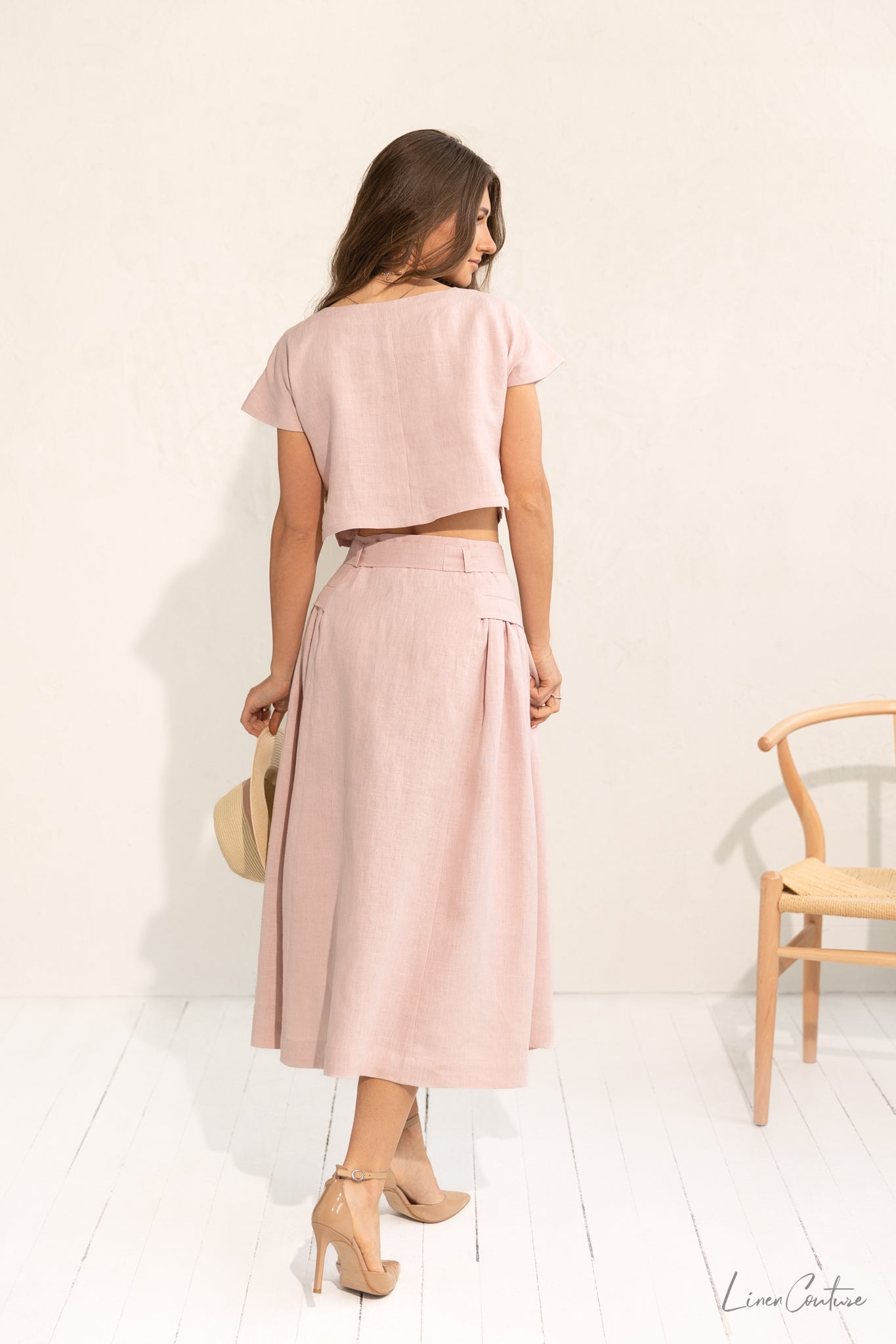 Taormina Pale Pink Linen Crop Top and Midi Skirt Co Ord Set - The Peony Haus