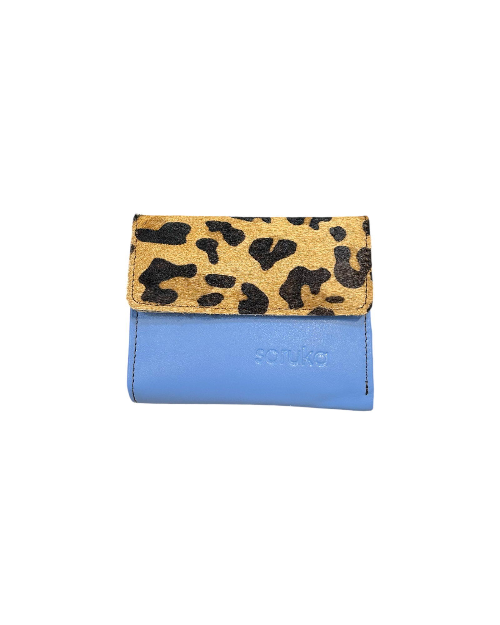 Blue wallet with leopard print flap on a white background