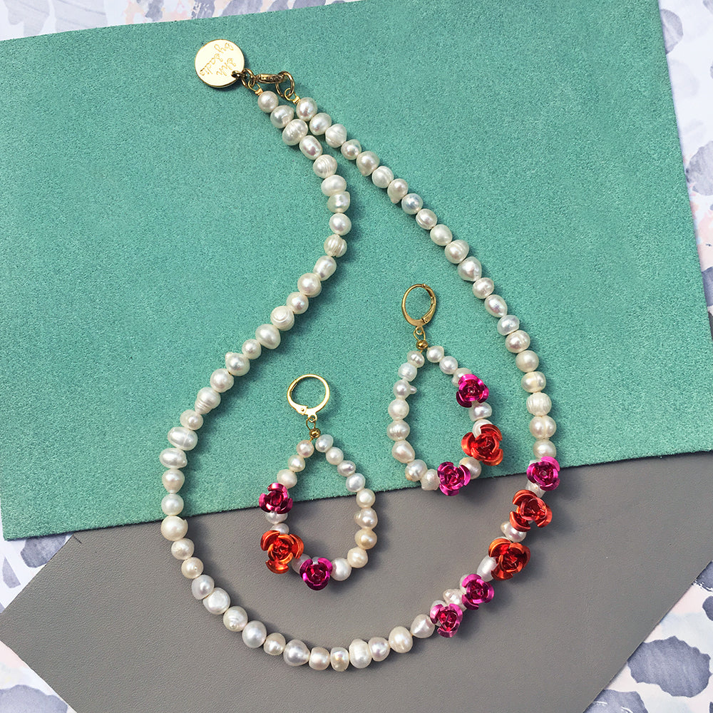 Rose Pearl Earrings + Necklace - The Peony Haus
