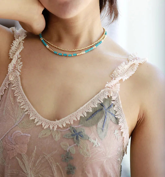 Turquoise & Gold Seed Beads Necklace - The Peony Haus