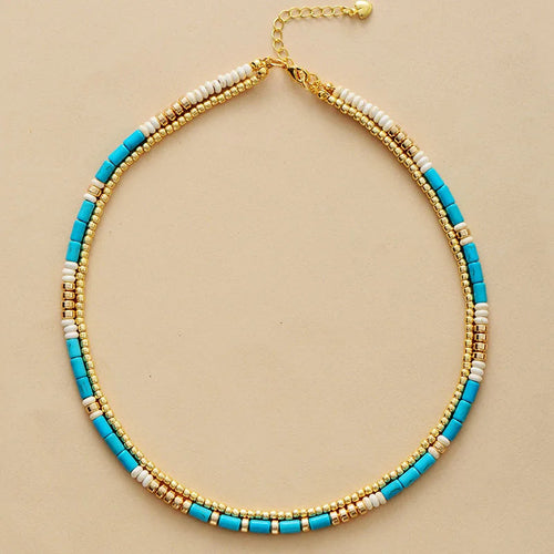 Turquoise & Gold Seed Beads Necklace - The Peony Haus