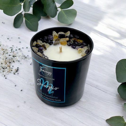 Scorpio Zodiac Crystal Candle with Black Obsidian, Citrine, and Amethyst | Coconut-Soy Wax Candle, 9oz