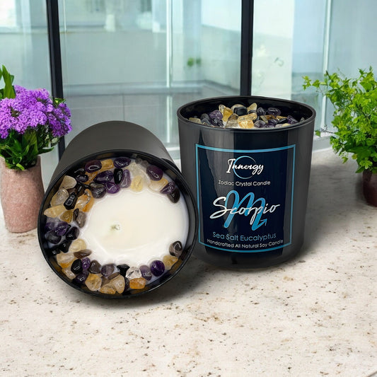 Scorpio Zodiac Crystal Candle with Black Obsidian, Citrine, and Amethyst | Coconut-Soy Wax Candle, 9oz