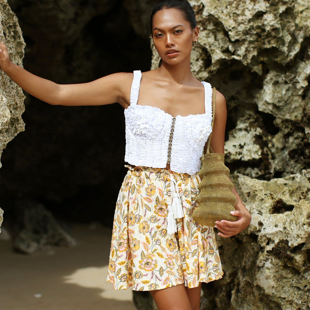 SEKAR Floral Batik Skorts In Marigold Yellow - The Peony Haus