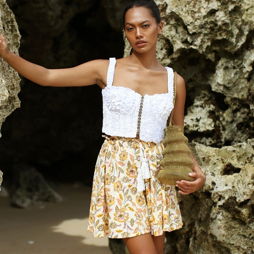 SEKAR Floral Batik Skorts In Marigold Yellow - The Peony Haus