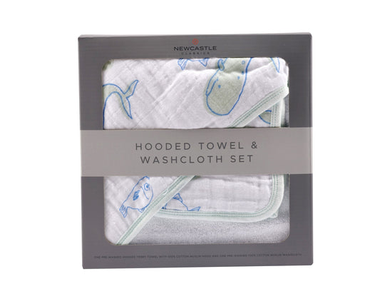 Whale Hooded Towel and Washcloth Set - The Peony Haus