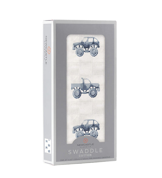 Indigo Monster Trucks Cotton Swaddle - The Peony Haus