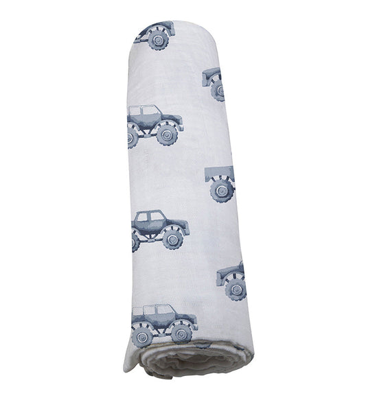 Indigo Monster Trucks Cotton Swaddle - The Peony Haus