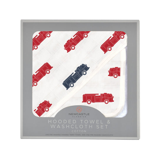 Blue and Red Fire Trucks Hooded Towel and Washcloth Set - The Peony Haus
