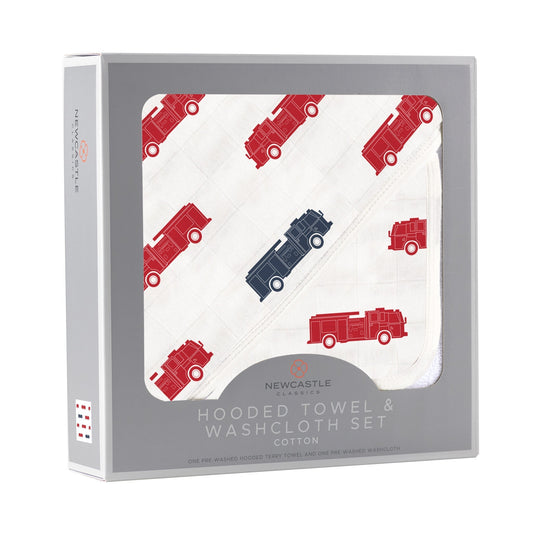 Blue and Red Fire Trucks Hooded Towel and Washcloth Set - The Peony Haus