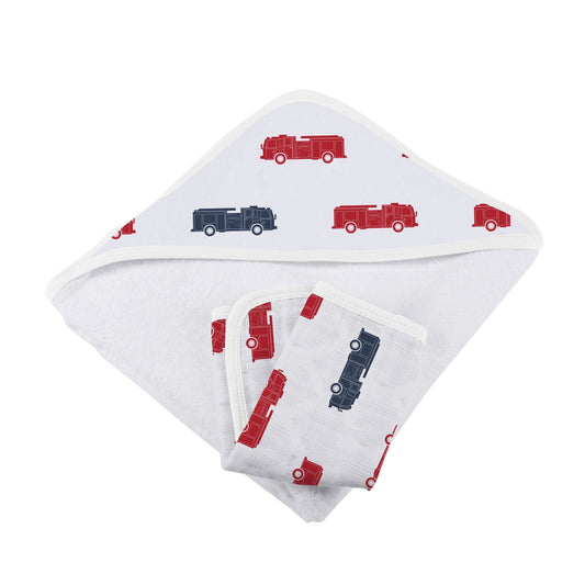 Blue and Red Fire Trucks Hooded Towel and Washcloth Set - The Peony Haus
