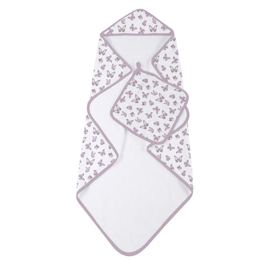 Winsome Butterflies Cotton Hooded Towel and Washcloth Set - The Peony Haus