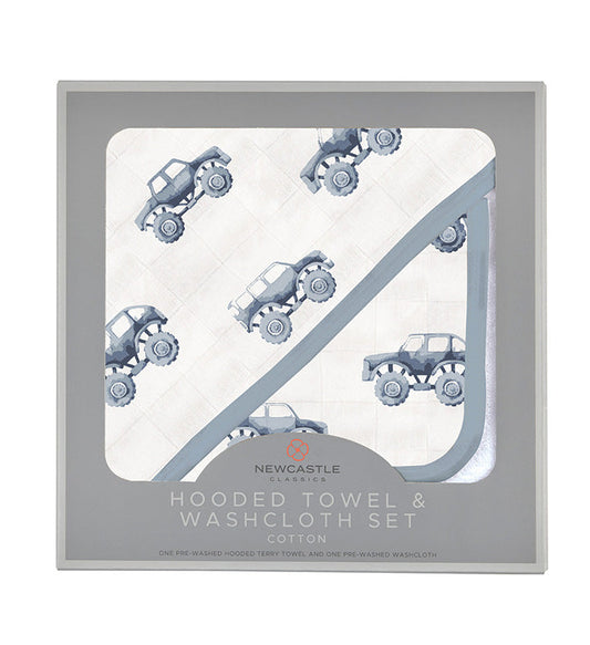 Indigo Monster Trucks Cotton Hooded Towel and Washcloth Set - The Peony Haus