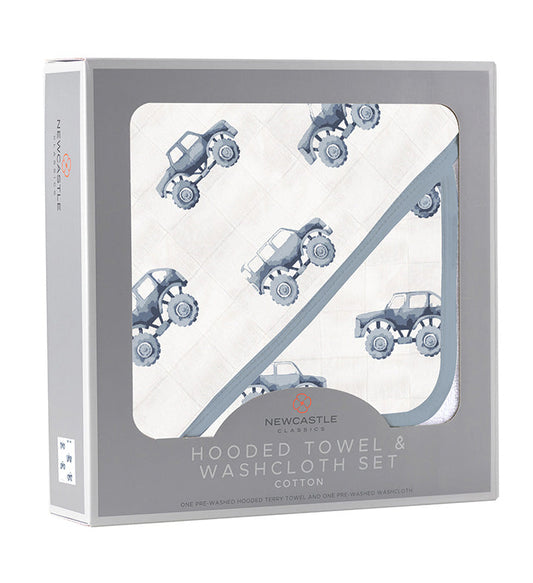 Indigo Monster Trucks Cotton Hooded Towel and Washcloth Set - The Peony Haus