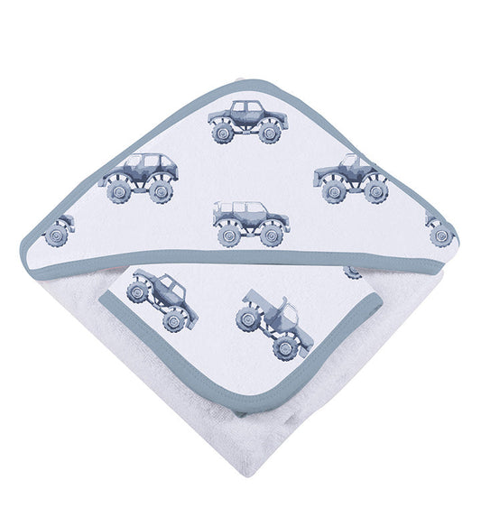 Indigo Monster Trucks Cotton Hooded Towel and Washcloth Set - The Peony Haus