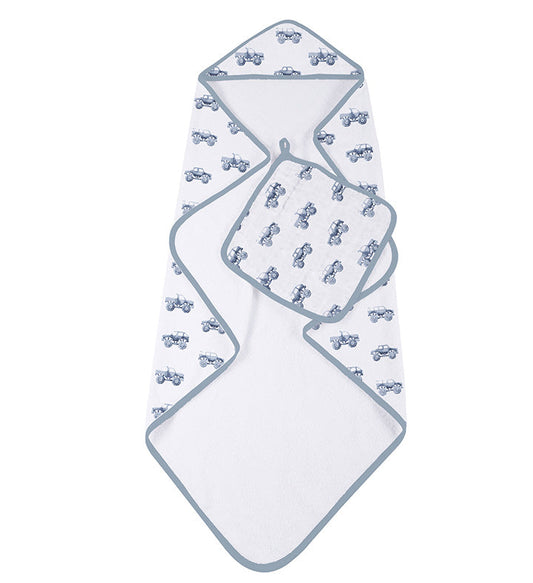 Indigo Monster Trucks Cotton Hooded Towel and Washcloth Set - The Peony Haus