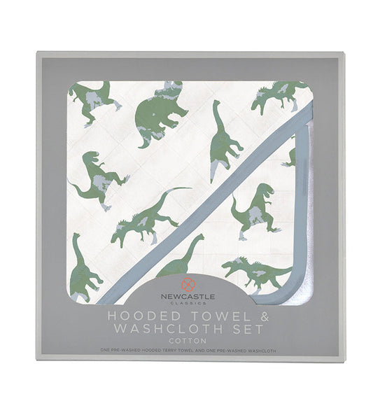 Granite Green Dinosaurs Cotton Hooded Towel and Washcloth Set - The Peony Haus
