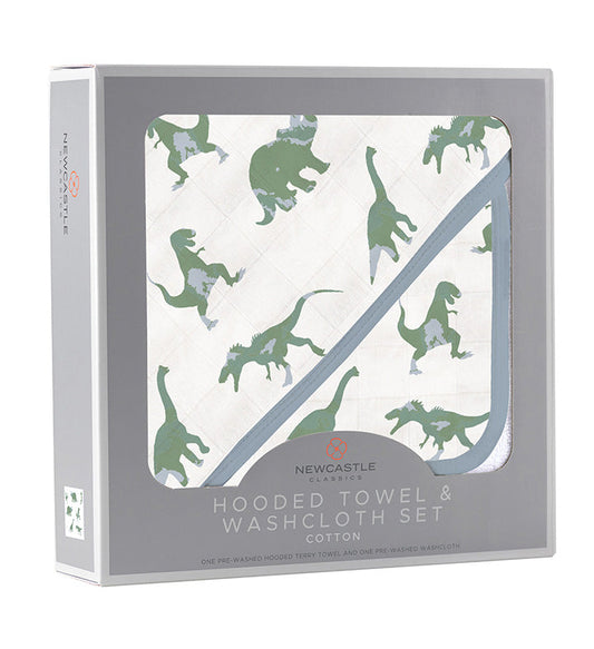 Granite Green Dinosaurs Cotton Hooded Towel and Washcloth Set - The Peony Haus