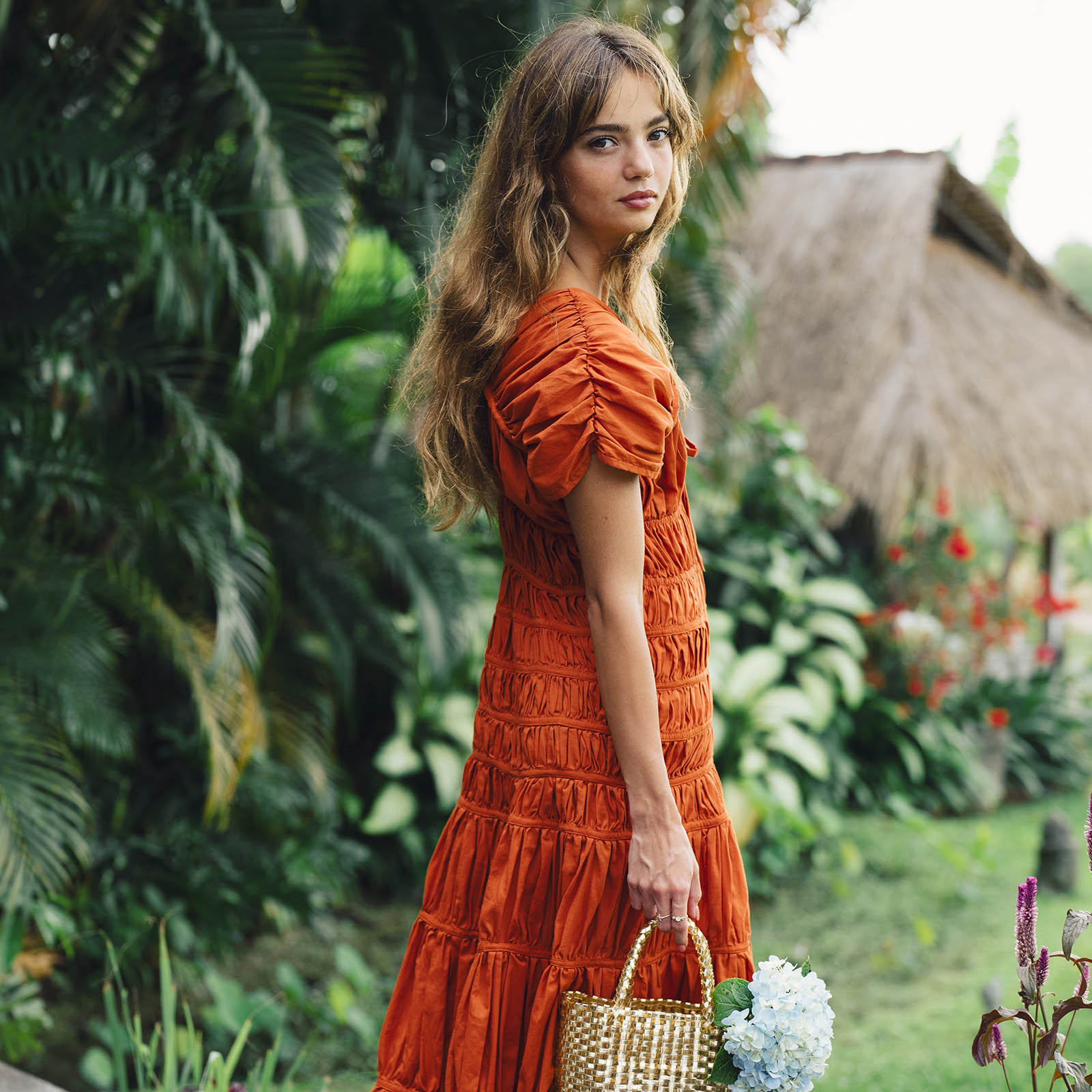 SRIKANDI Ruffle Maxi Dress In Sienna Brown