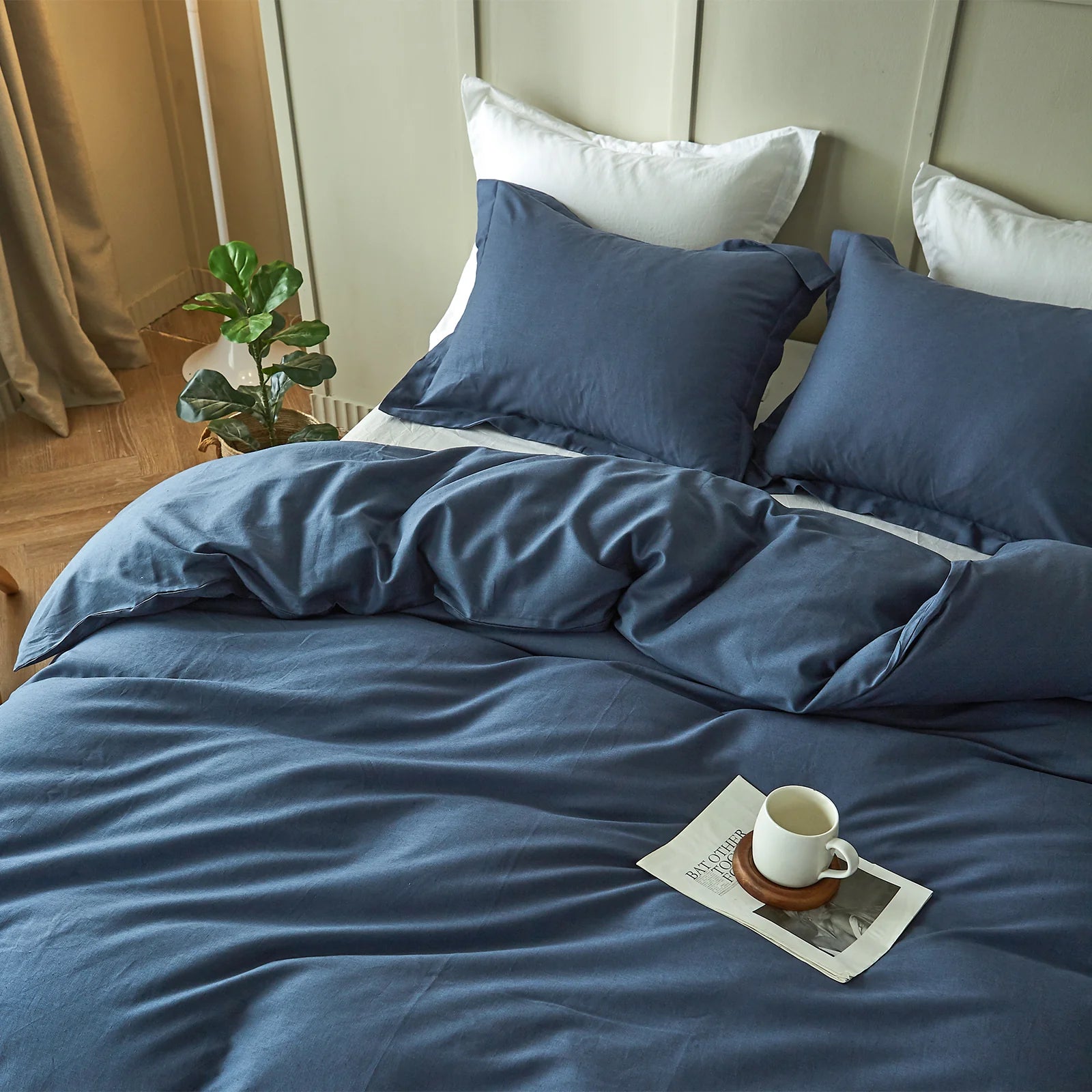 Simple & Opulence French Linen Duvet Cover 3 Piece Queen Set - Navy Blue