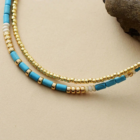 Turquoise & Gold Seed Beads Necklace - The Peony Haus