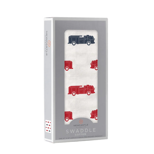 Blue and Red Fire Trucks Swaddle - The Peony Haus