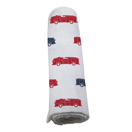 Blue and Red Fire Trucks Swaddle - The Peony Haus