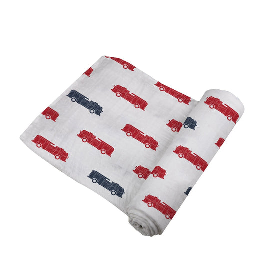 Blue and Red Fire Trucks Swaddle - The Peony Haus