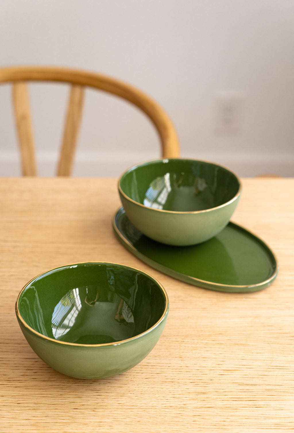 Handmade Porcelain Oval Serving Platter with Gold Rim. Green