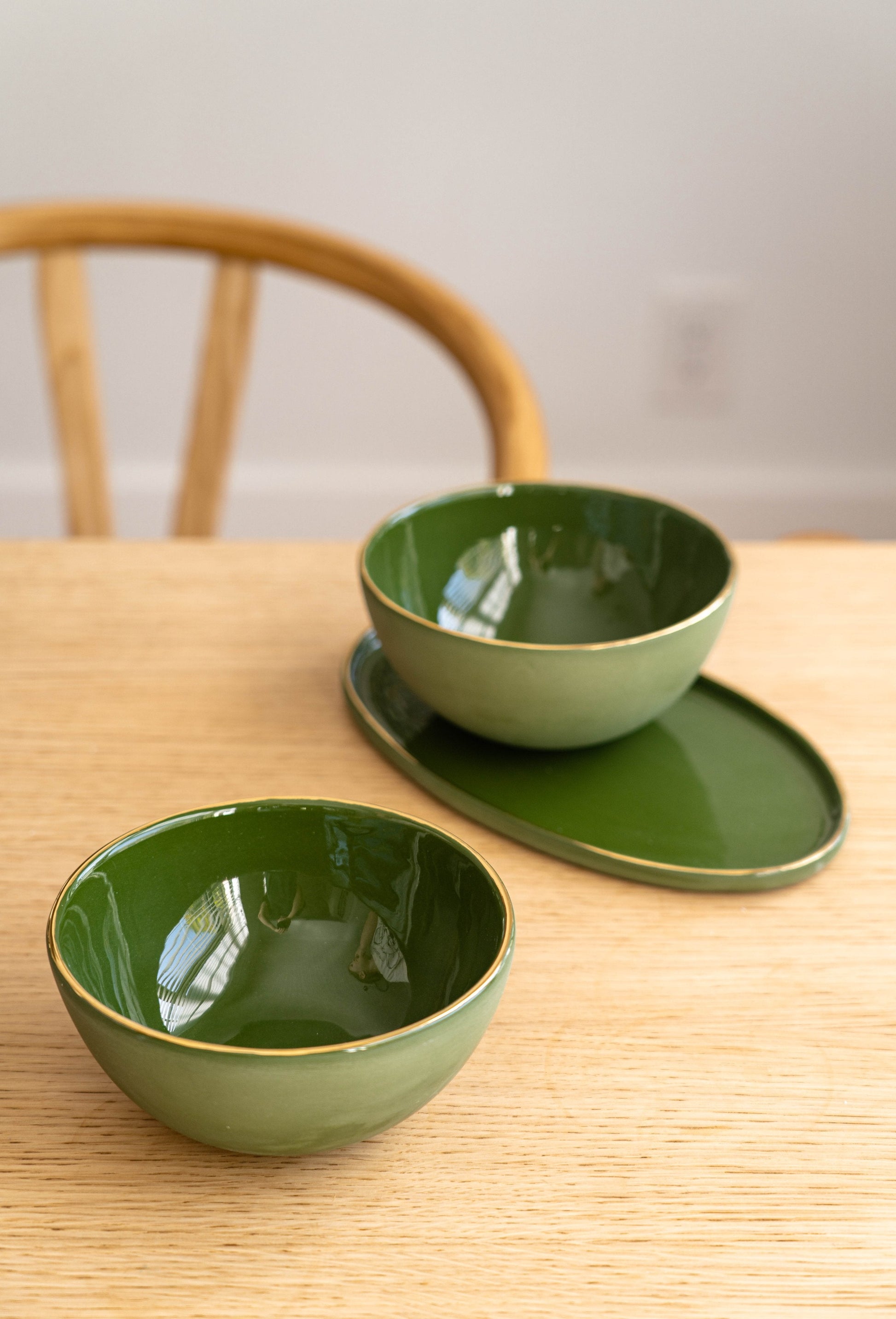 Handmade Porcelain Oval Serving Platter with Gold Rim. Green - The Peony Haus