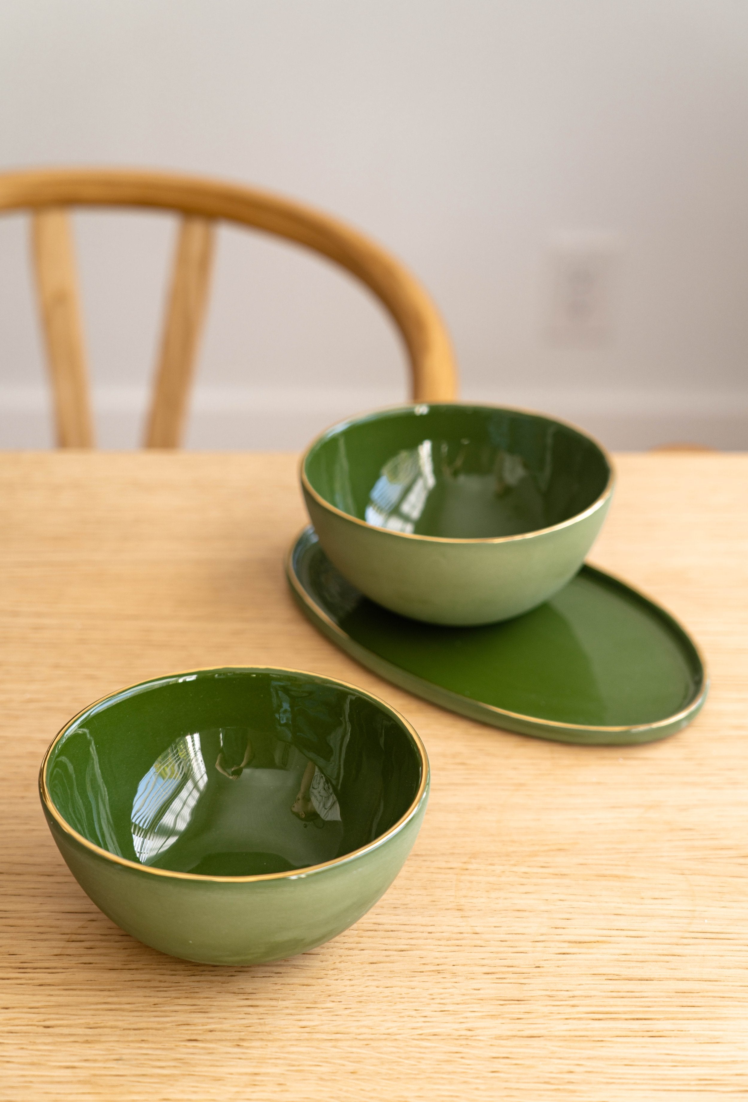 Handmade Porcelain Oval Serving Platter with Gold Rim. Green