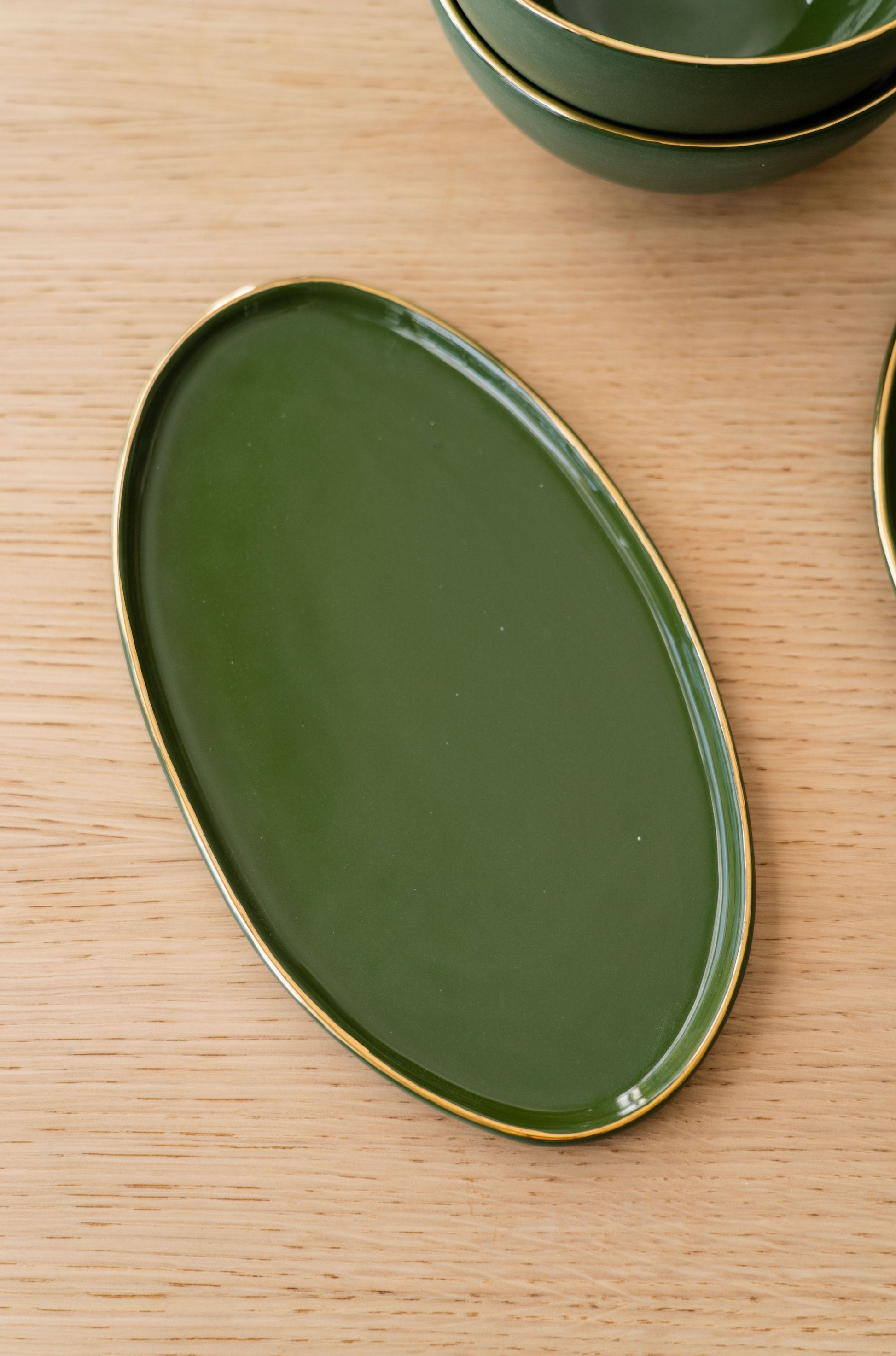 Handmade Porcelain Oval Serving Platter with Gold Rim. Green - The Peony Haus