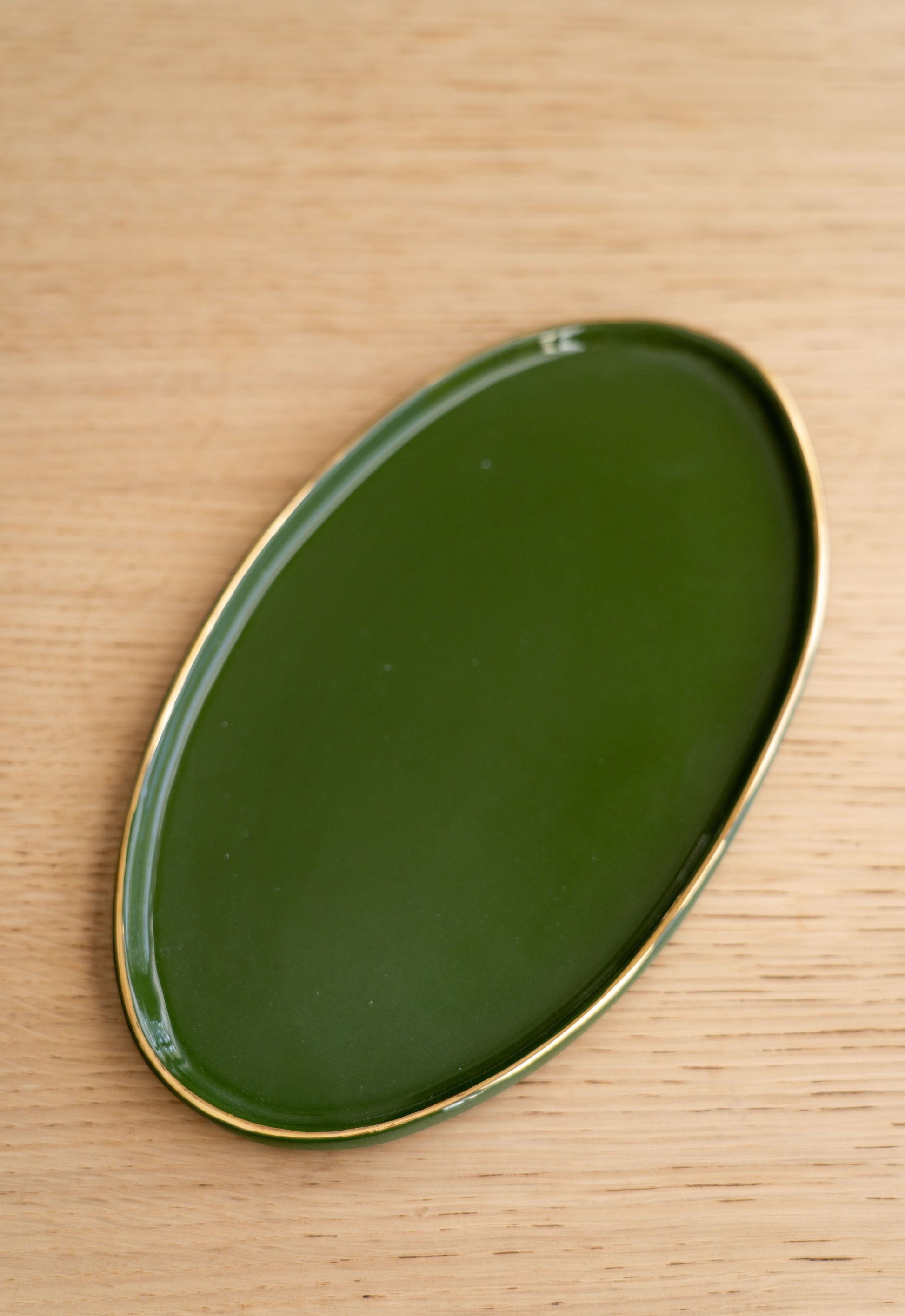 Handmade Porcelain Oval Serving Platter with Gold Rim. Green - The Peony Haus