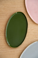 Handmade Porcelain Oval Serving Platter with Gold Rim. Green