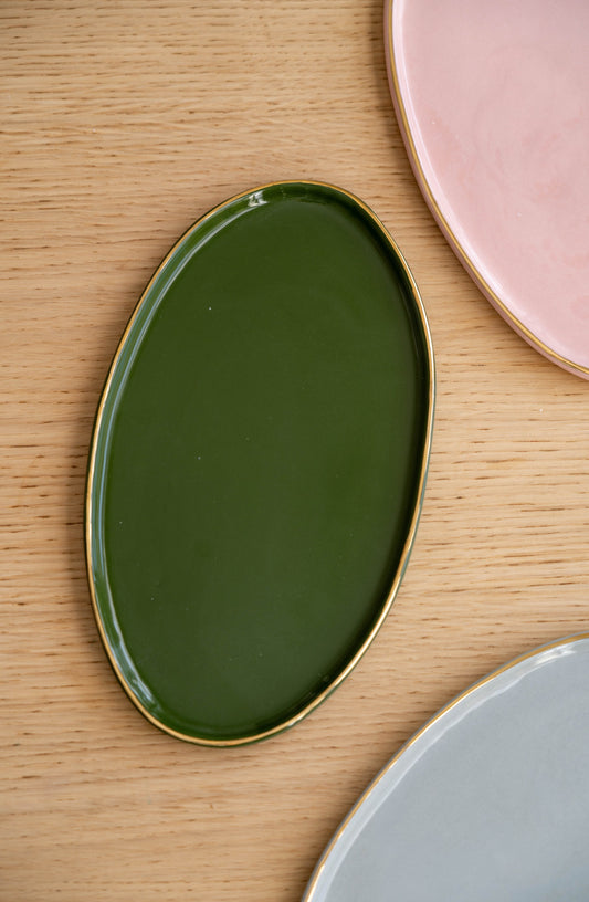 Handmade Porcelain Oval Serving Platter with Gold Rim. Green - The Peony Haus