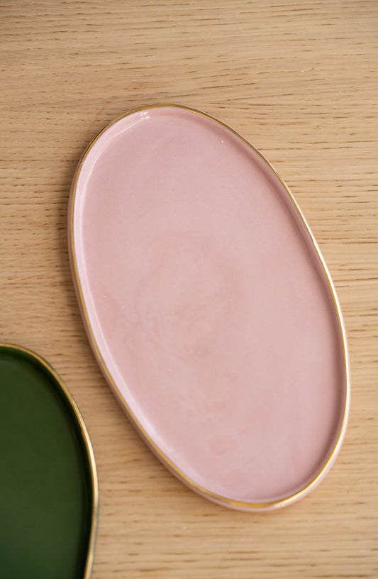 Handmade Oval Porcelain Serving Platter with Gold Rim. Powder Pink - The Peony Haus