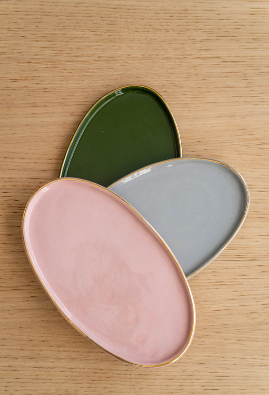 Handmade Oval Porcelain Serving Platter with Gold Rim. Powder Pink - The Peony Haus
